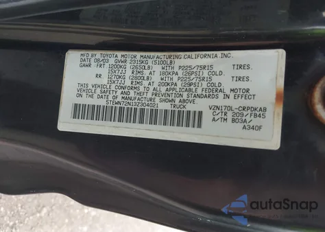2003 Toyota Tacoma Base V6 z USA, uszkodzony, nr VIN 5TEWN72N13Z304021